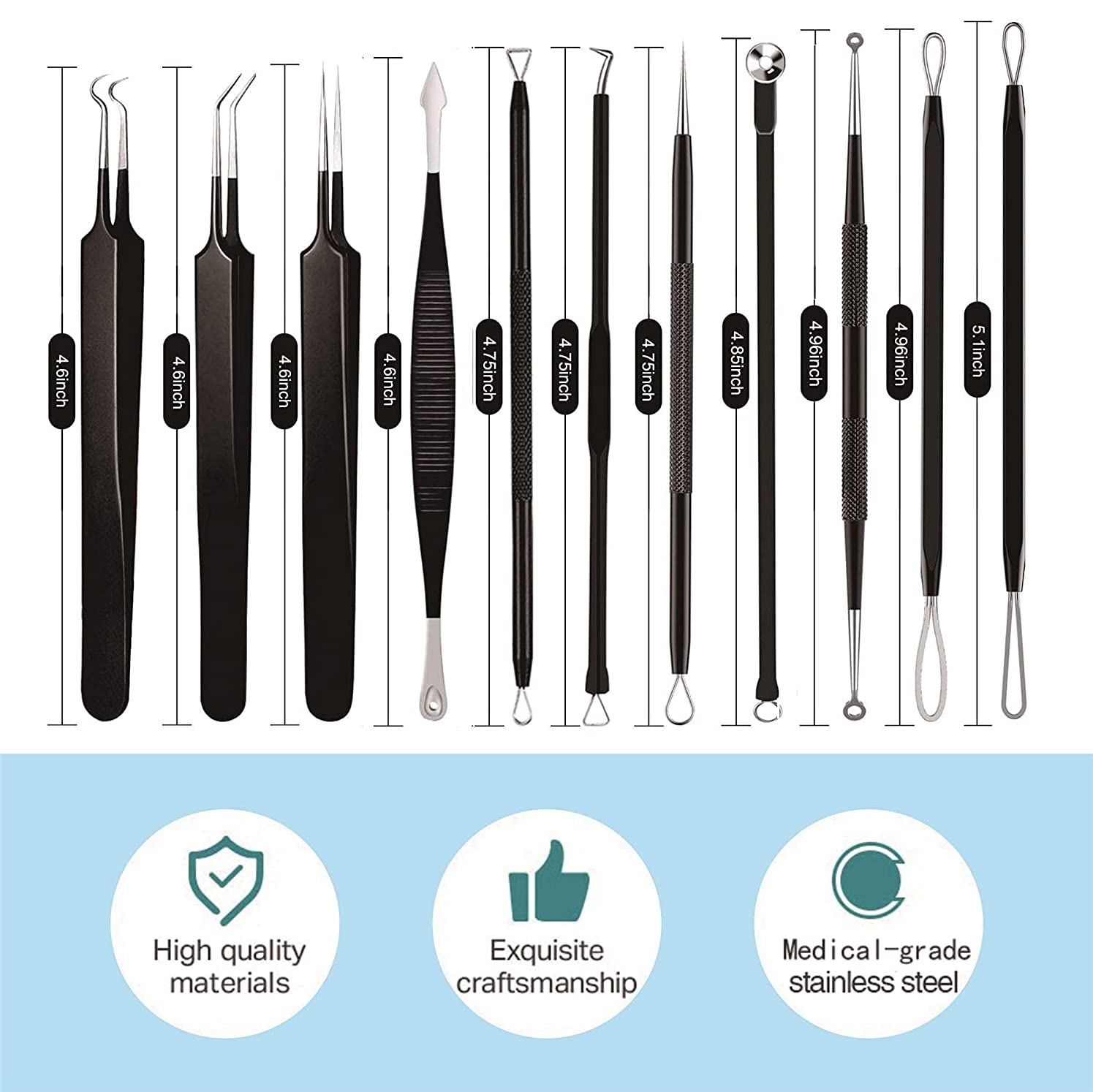 Pimple Popper Tool Kit 11 Pcs, Ybaoo Blackhead Remover Pimple Extractor Tools with Metal Case for Quick and Easy Removal of Blackheads,Pimples,Whiteheads,Zit Popper,Forehead,Facial and Nose (Black)