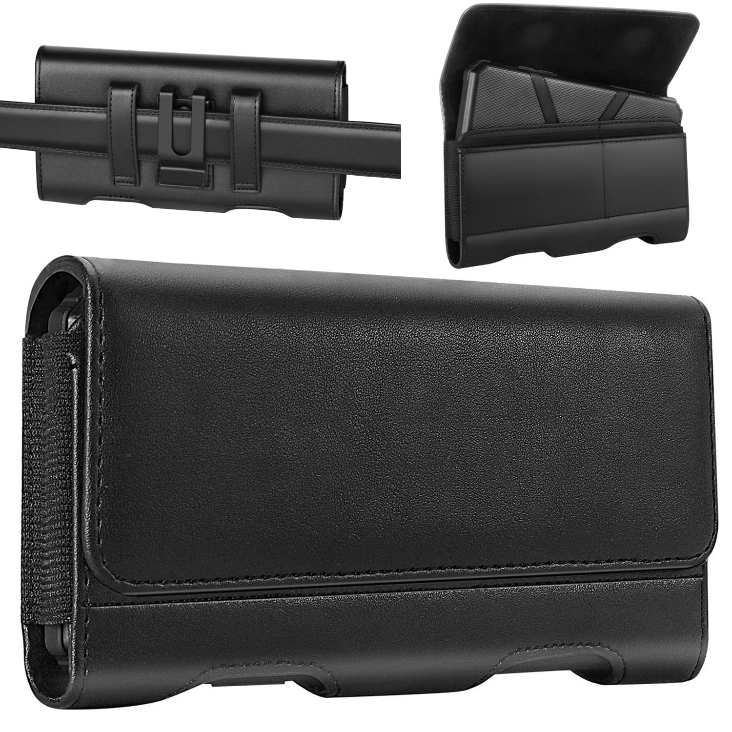 Mopaclle Phone Holster for iPhone 15 Plus 15 Pro Max 14 Pro Max 13 Pro Max 12 Pro Max 11 Pro Max 8 Plus,7 Plus 6 Plus Leather Phone Belt Clip Holder Case with ID Card Pouch (Fits w/Thin Case on) Black