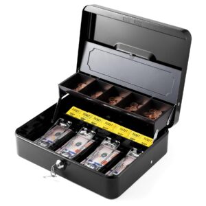 wot i steel cash box with money tray with key lock, 11.8"l x 9.5"w cash lock box with tray cover / 5 coin trays / 4 bill slots / 2 keys (black))