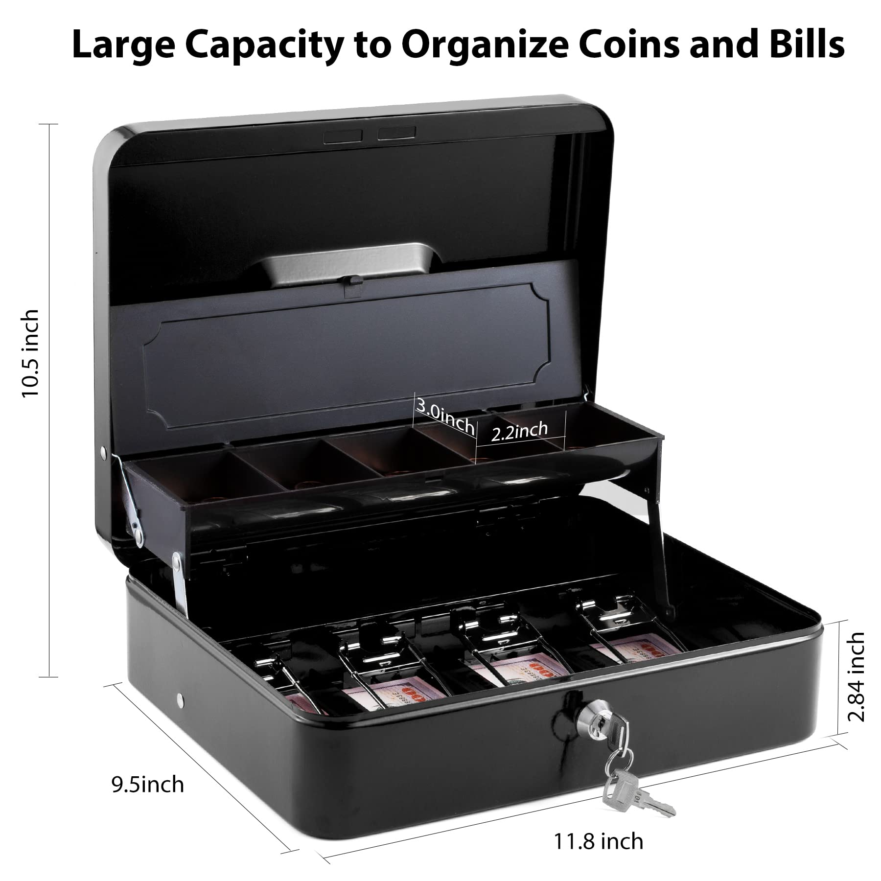 WOT I Steel Cash Box with Money Tray with Key Lock, 11.8"L x 9.5"W Cash Lock Box with Tray Cover / 5 Coin Trays / 4 Bill Slots / 2 Keys (Black))