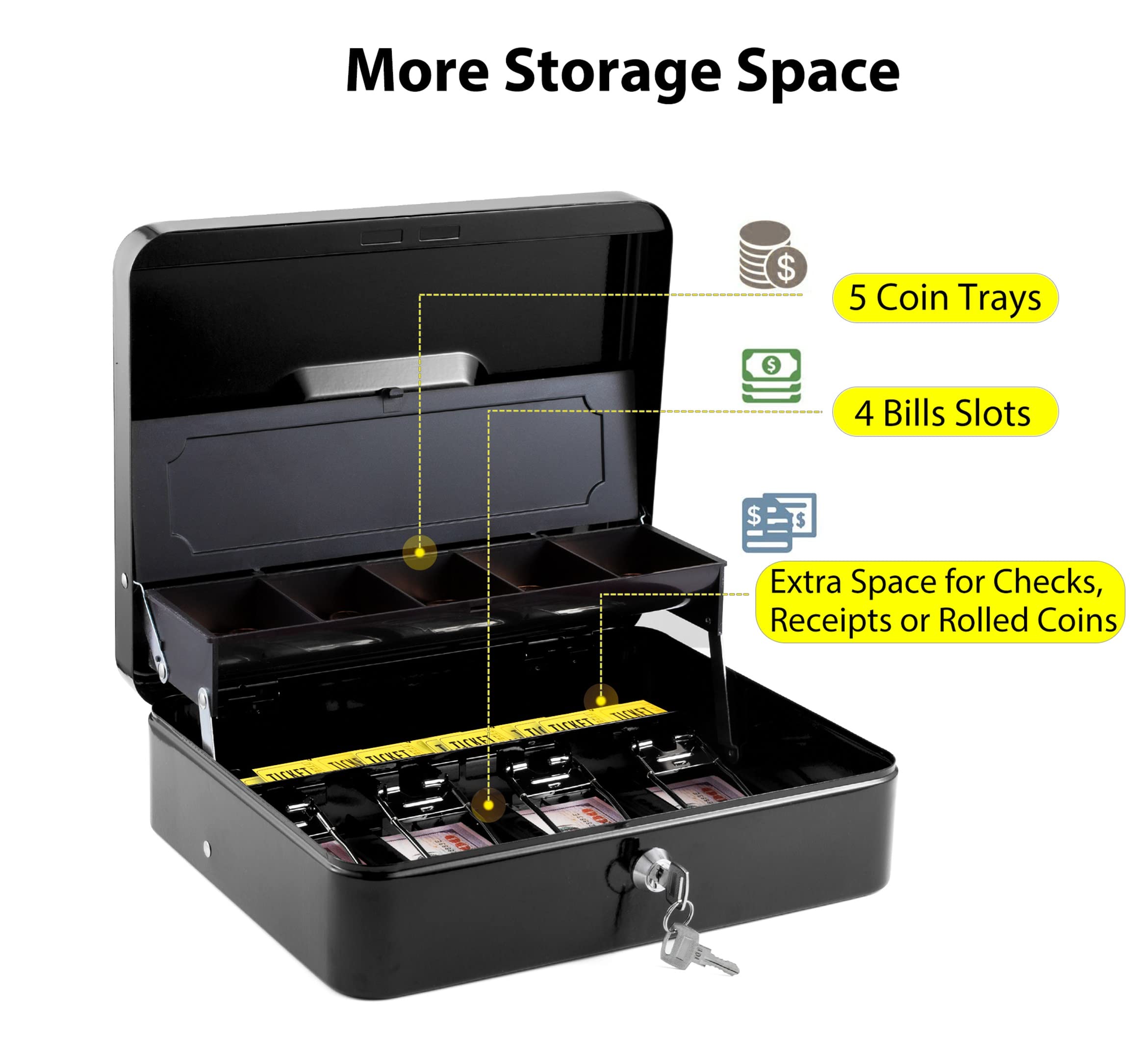 WOT I Steel Cash Box with Money Tray with Key Lock, 11.8"L x 9.5"W Cash Lock Box with Tray Cover / 5 Coin Trays / 4 Bill Slots / 2 Keys (Black))