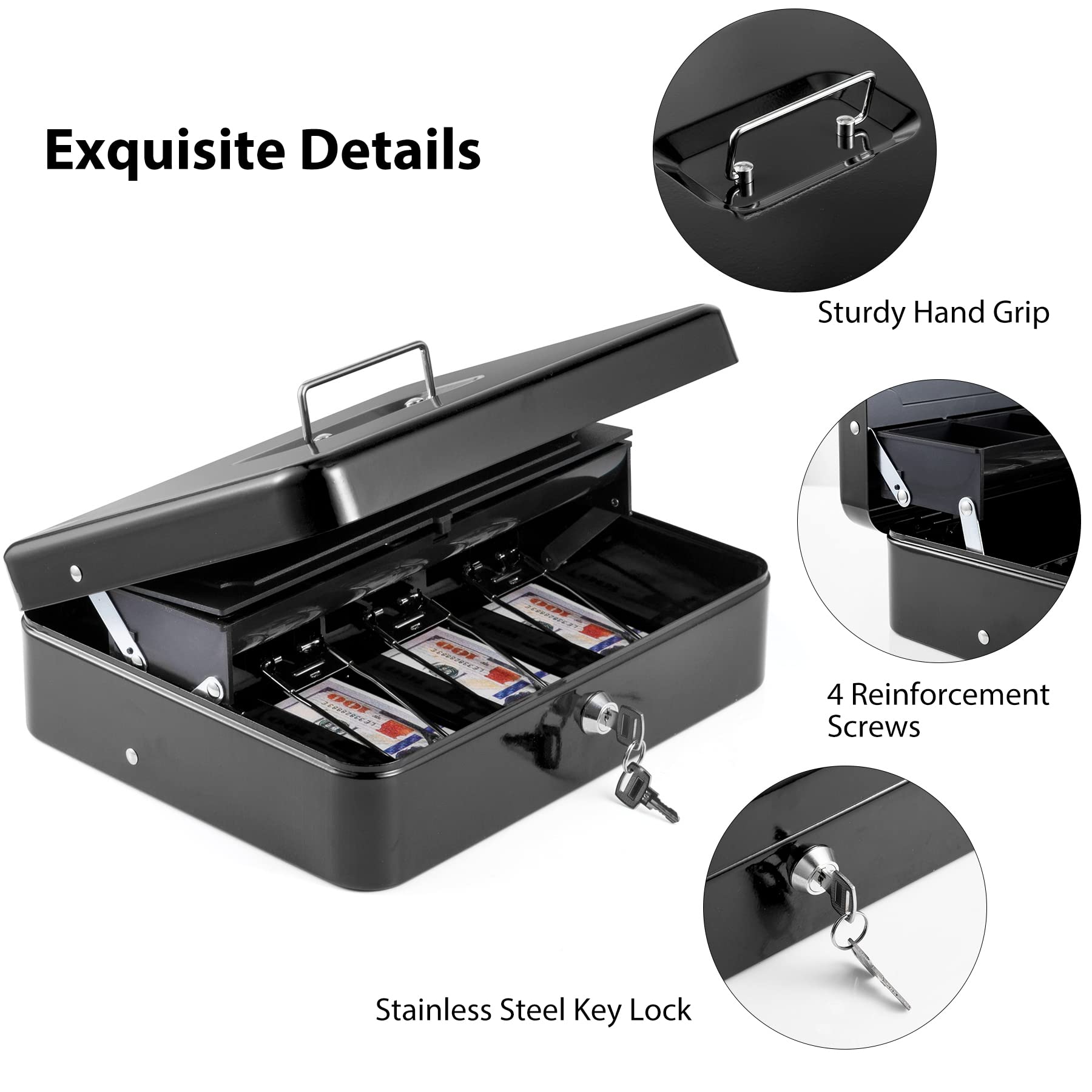 WOT I Steel Cash Box with Money Tray with Key Lock, 11.8"L x 9.5"W Cash Lock Box with Tray Cover / 5 Coin Trays / 4 Bill Slots / 2 Keys (Black))