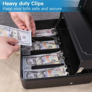 WOT I Steel Cash Box with Money Tray with Key Lock, 11.8"L x 9.5"W Cash Lock Box with Tray Cover / 5 Coin Trays / 4 Bill Slots / 2 Keys (Black))