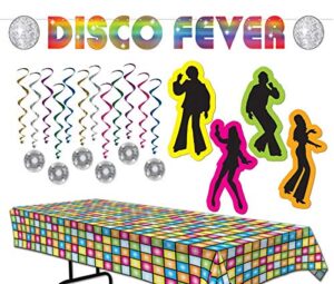 70's party decorations set - disco fever banner, table cover, disco ball whirls, retro silhouette cutouts – 70s party decorations and soul train party theme decorations
