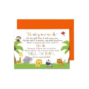 jungle baby thank you cards, 15 pack – cute baby shower notes with envelopes set, prefilled message, customizable and personalize blank stationery gender neutral, new parents gift ideas