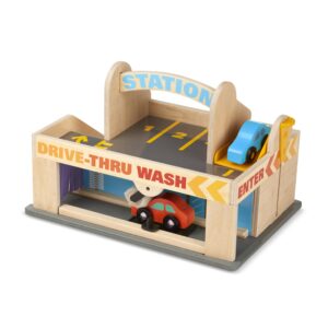 melissa & doug service station parking garage with 2 wooden cars and drive-thru car wash (sioc)