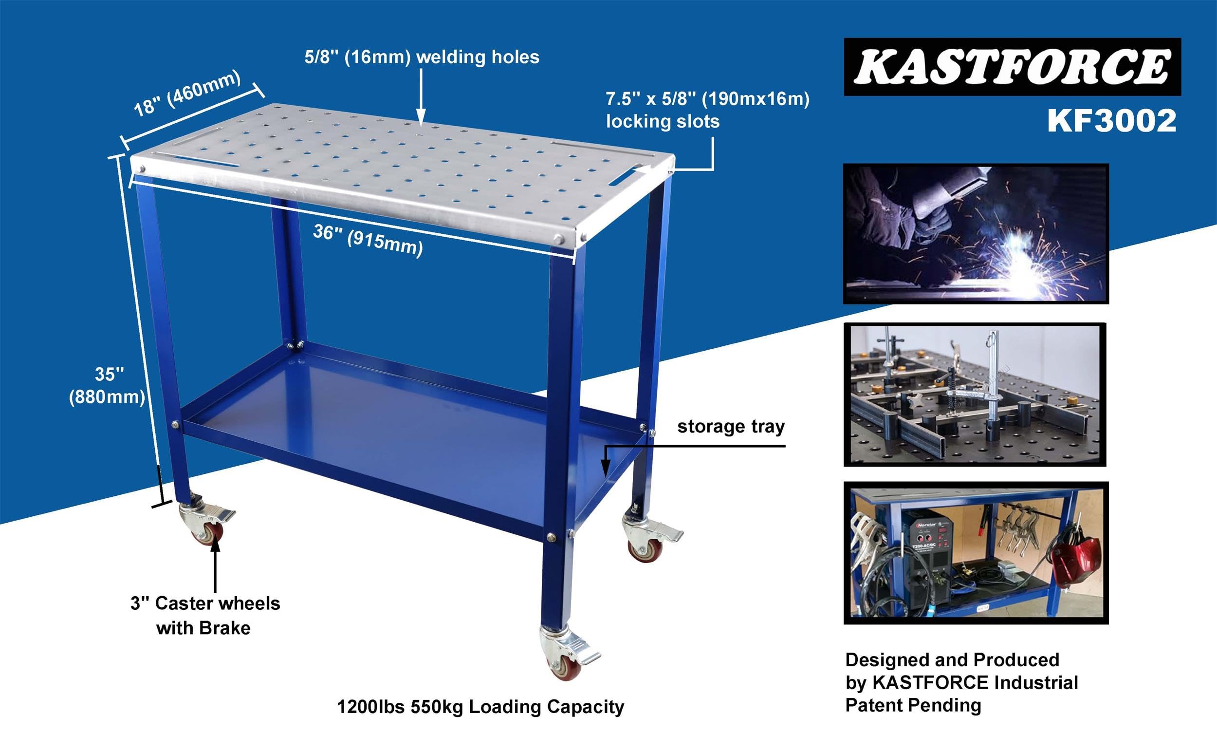 KASTFORCE KF3002 Rust-Free 36”×18” Welding Table 1200 lbs Loading Capacity, Wedling Cart Universal Work Table with 5/8" Holes, Top Thickness up to 10Ga, Withstands Heat up to 1600 Fahrenheit