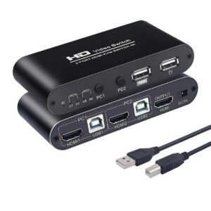 kvm switch hdmi 2 port box, kceve usb kvm switches for 2 computers share keyboard mouse and one hd monitor, support hotkey switching, uhd 4k（3840x2160）