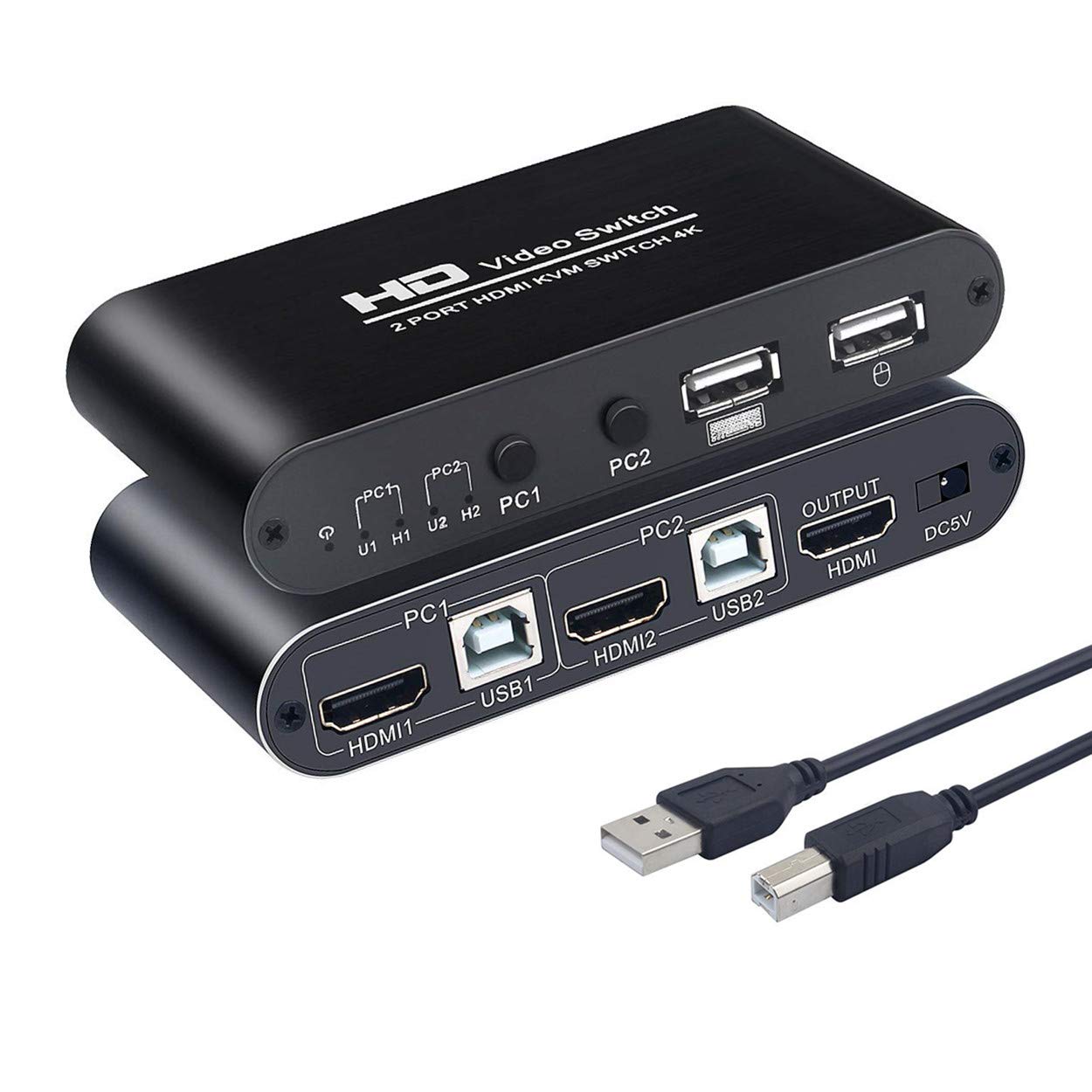 KVM Switch HDMI 2 Port Box, KCEVE USB KVM Switches for 2 Computers Share Keyboard Mouse and one HD Monitor, Support Hotkey Switching, UHD 4K（3840x2160）