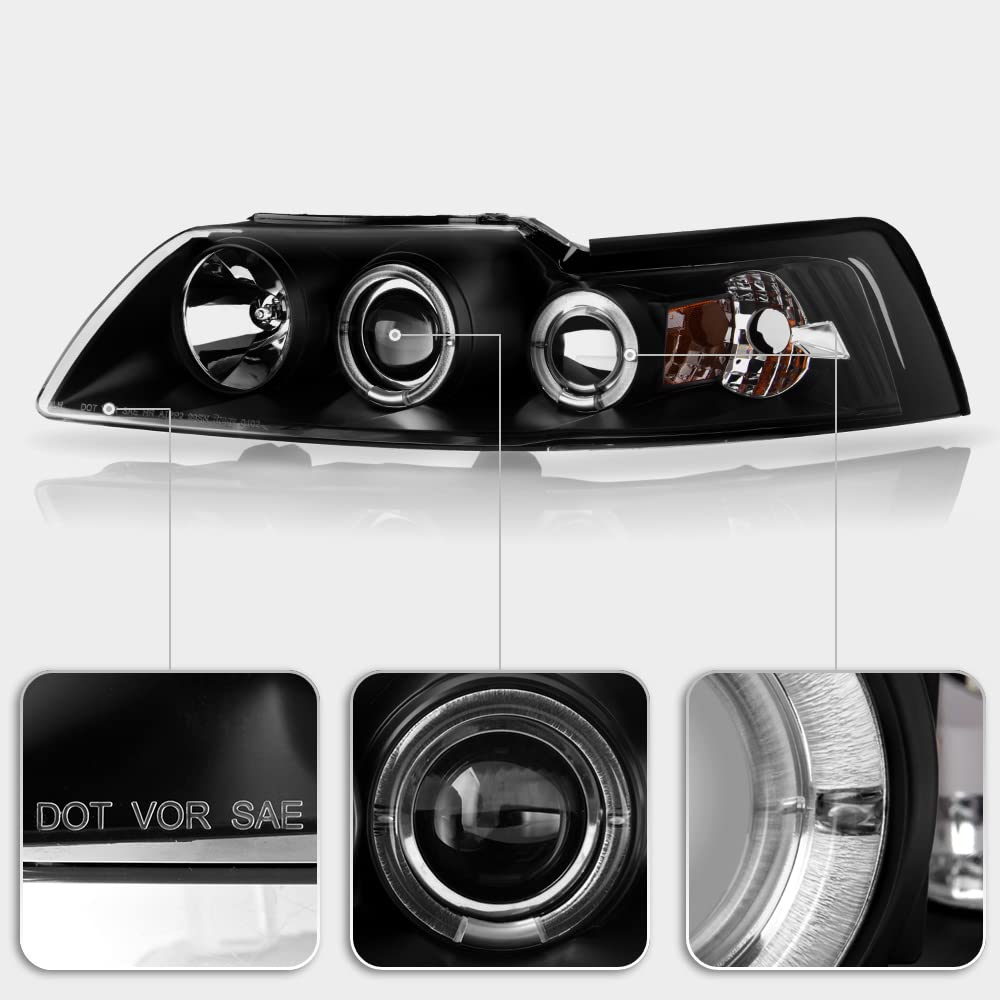 ACANII - For 1999-2004 Ford Mustang LED Halo Ring Black Housing Projector Headlights Headlamps, Driver & Passenger Side