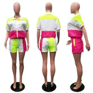 Ophestin Womens Casual 2 Piece Outfits Patchwork Half Sleeve Jacket Shorts Sets Pink + Green Size M