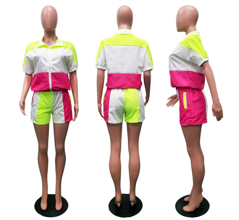 Ophestin Womens Casual 2 Piece Outfits Patchwork Half Sleeve Jacket Shorts Sets Pink + Green Size M