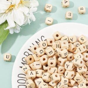 PH PandaHall 1060pcs 10mm Alphabet Wooden Beads Random Natural Square Wooden Beads 3~4mm Hole Wooden Loose Beads with Initial Letter Cube Beads Letter Beads for Jewelry Making and DIY Projects