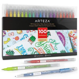 arteza dual tip brush markers, set of 100, art markers with fine and brush tips, dual tip pens for adult coloring, calligraphy, sketching, doodling