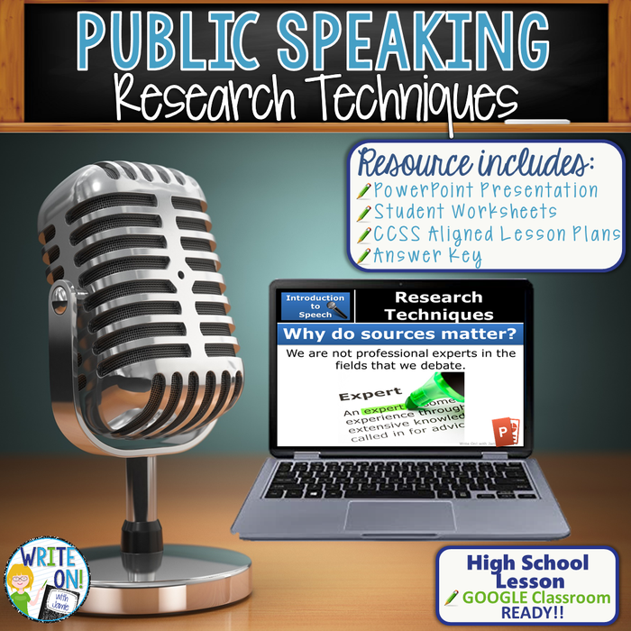 Public Speaking, Speech and Debate Resource Lesson for “Research Techniques” - Activity with PowerPoint, Student Worksheets, Detailed Lesson Plans, and Google Classroom Links - High School