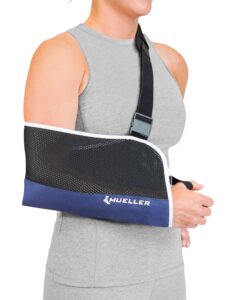 mueller sports medicine adjustable arm sling - comfortable support for left or right shoulder and arm injury, for men and women, blue w/ black mesh, one size fits most