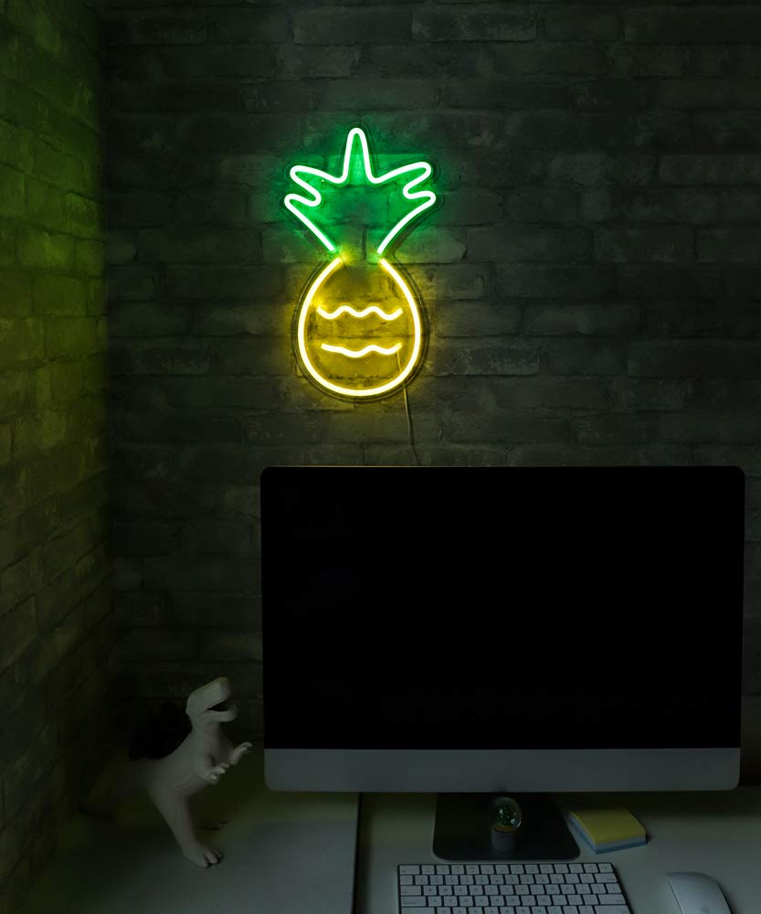 Isaac Jacobs 17” x 10” inch LED Neon ‘Yellow & Green Pineapple’ Wall Sign for Cool Light, Wall Art, Bedroom Decorations, Home Accessories, Party, and Holiday Décor: Powered by USB Wire (PINEAPPLE)