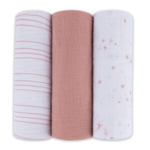 ely's & co. muslin swaddle blanket 3-pack for baby girl — 100% cotton muslin extra-large swaddle blankets (47” x 47”) — (mauve pink stars │ solid dusty rose │ dusty rose stripes)