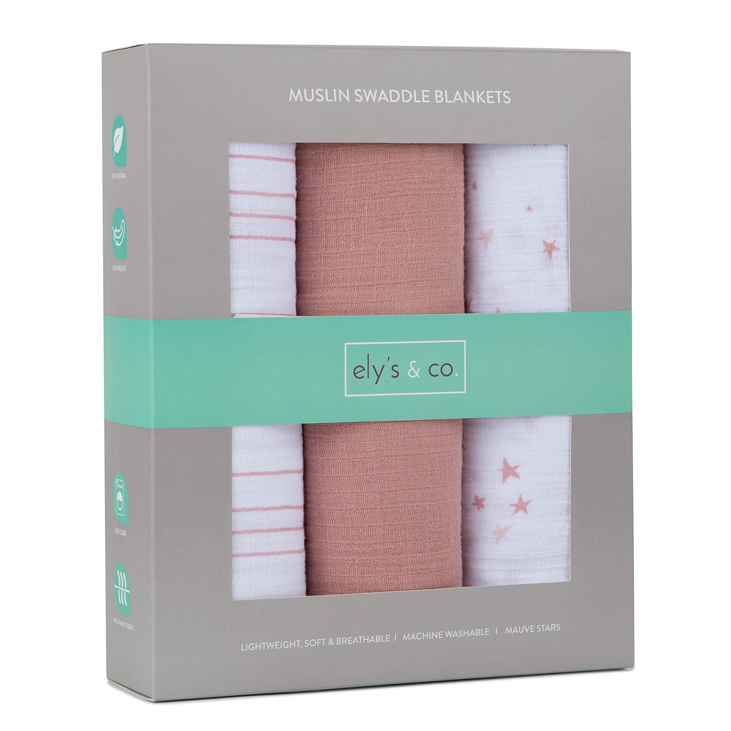 Ely's & Co. Muslin Swaddle Blanket 3-Pack for Baby Girl — 100% Cotton Muslin Extra-Large Swaddle Blankets (47” x 47”) — (Mauve Pink Stars │ Solid Dusty Rose │ Dusty Rose Stripes)