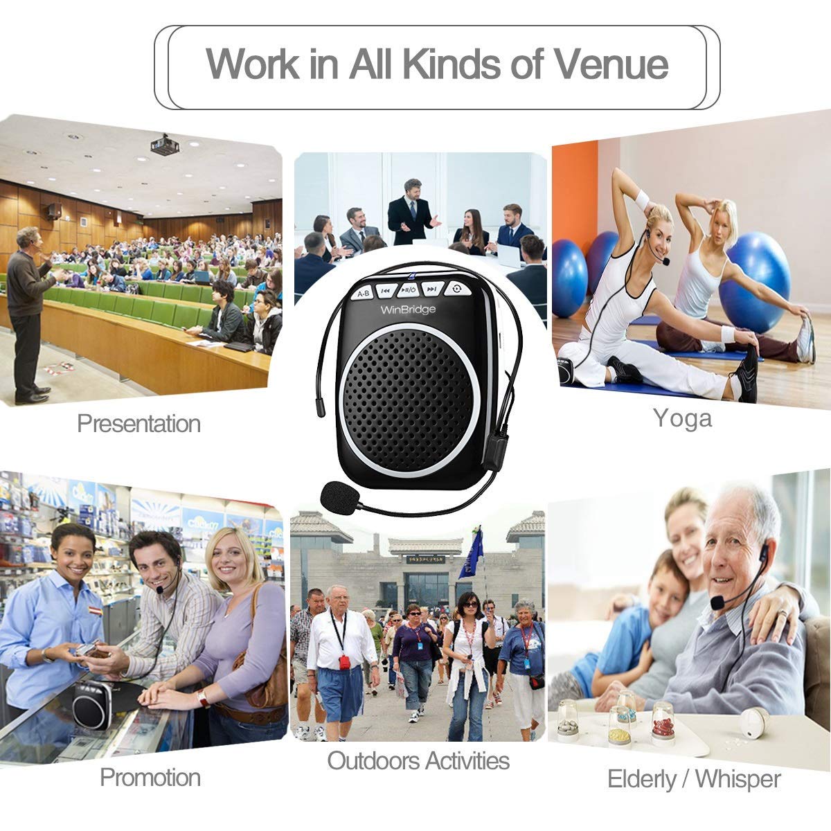 W WINBRIDGE Portable Rechargeable Mini Voice Amplifier with Wired Microphone Headset and Waistband, Support Music Play for Teachers, Singing, Coaches, Training, Presentation, Tour Guide