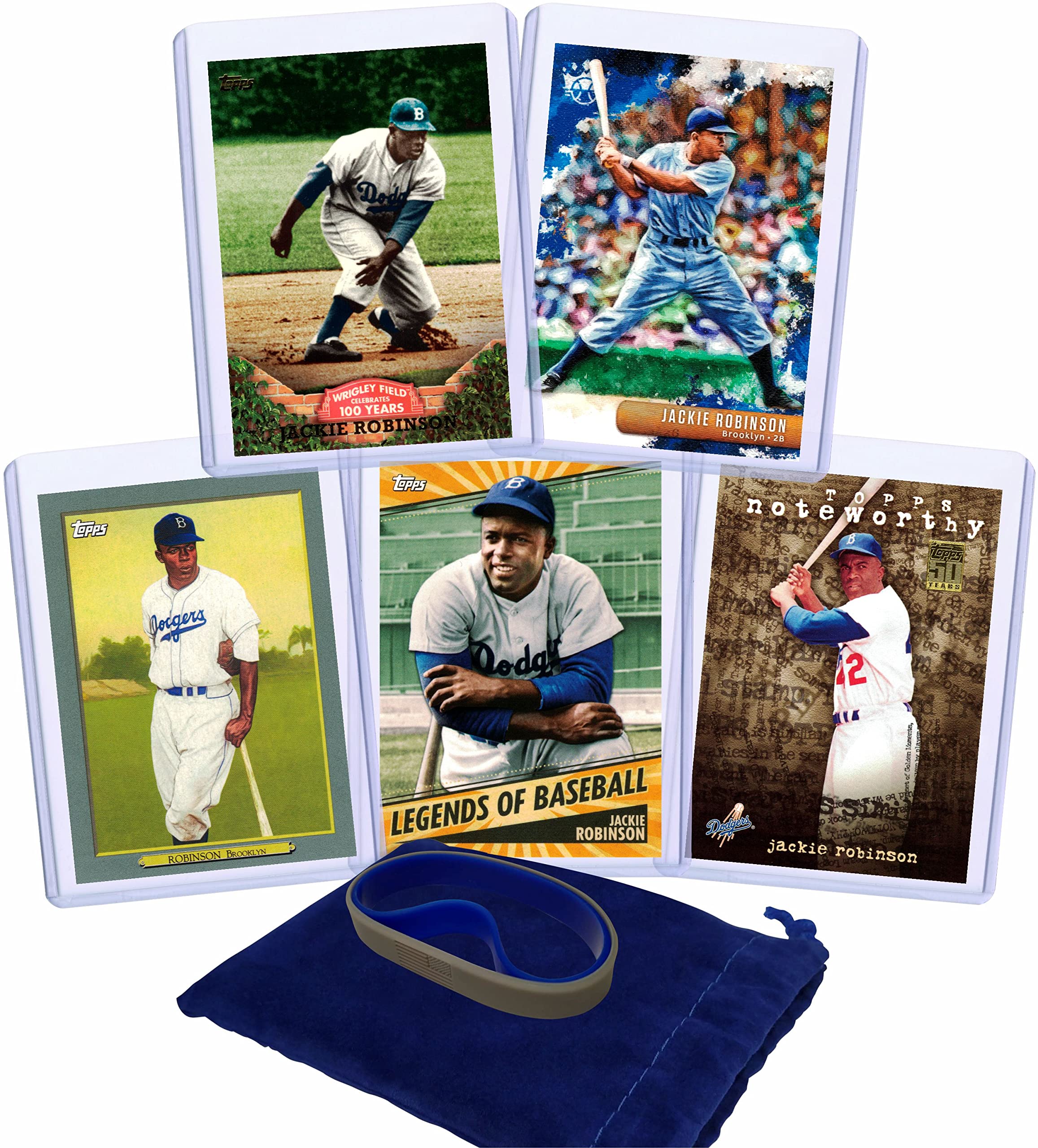Jackie Robinson Baseball Cards (5) Assorted Brooklyn Dodgers Trading Card and Wristbands Gift Bundle