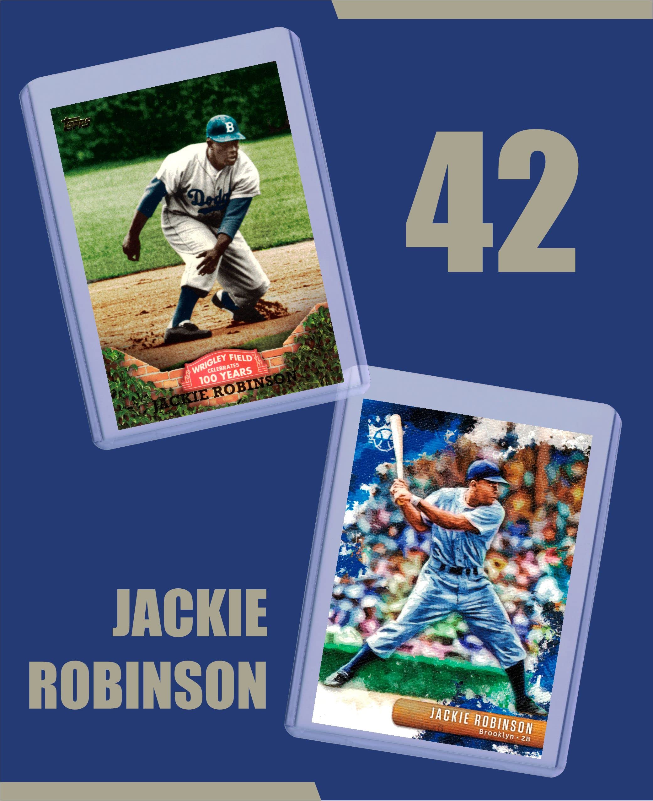 Jackie Robinson Baseball Cards (5) Assorted Brooklyn Dodgers Trading Card and Wristbands Gift Bundle