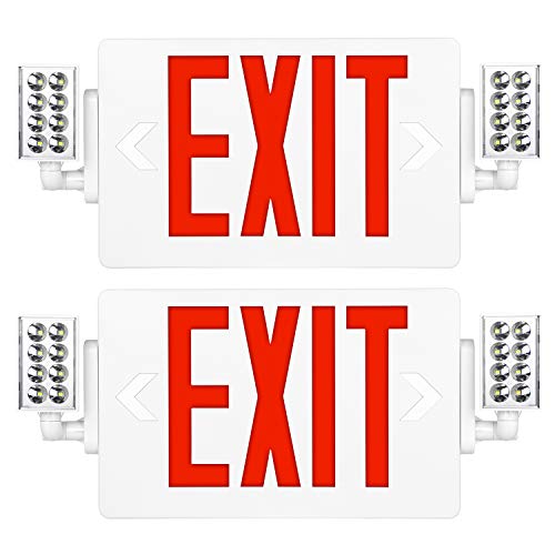 Hykolity Red Exit Sign, 120-277V Double Face LED Combo Emergency Light with Adjustable Two Head and Backup Battery, 2 Pack