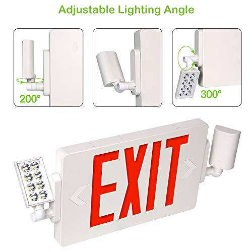 Hykolity Red Exit Sign, 120-277V Double Face LED Combo Emergency Light with Adjustable Two Head and Backup Battery, 2 Pack