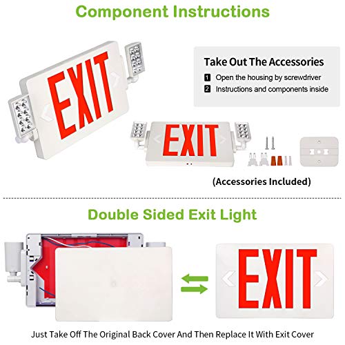 Hykolity Red Exit Sign, 120-277V Double Face LED Combo Emergency Light with Adjustable Two Head and Backup Battery, 2 Pack