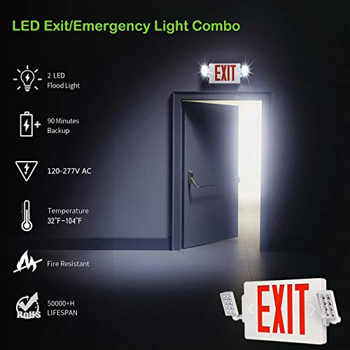 Hykolity Red Exit Sign, 120-277V Double Face LED Combo Emergency Light with Adjustable Two Head and Backup Battery, 2 Pack