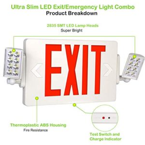 Hykolity Red Exit Sign, 120-277V Double Face LED Combo Emergency Light with Adjustable Two Head and Backup Battery, 2 Pack