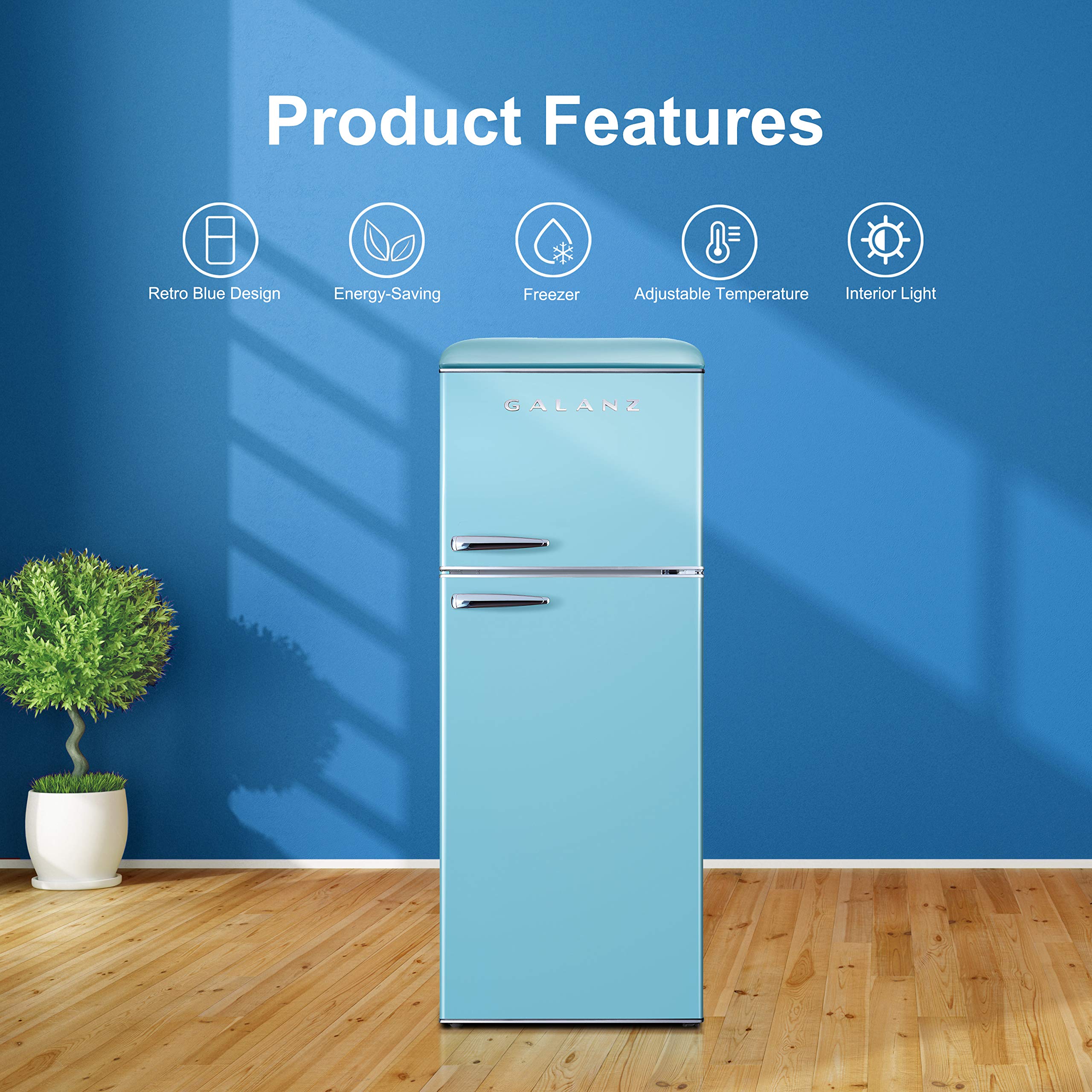 Galanz GLR10TBEEFR Retro Refrigerator with Top Freezer Frost Free, Dual Door Fridge, Adjustable Electrical Thermostat Control, 10 cu ft, Blue