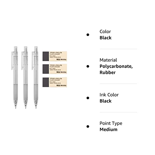 MUJI Polycarbonate Mechanical Pencil W - Rubber Grip, 3 Pcs & MUJI Eraser [Black - Small], 3 Pcs