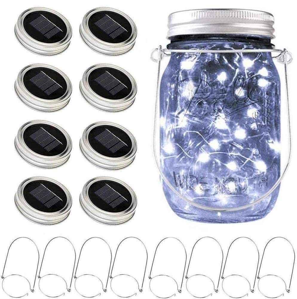 Solar Mason Jar Lights, 8 Pack 15 LED Waterproof Fairy Firefly Jar Lids String Lights with Hangers(NO Jars), Patio Yard Garden Wedding Easter Decoration - Cool White