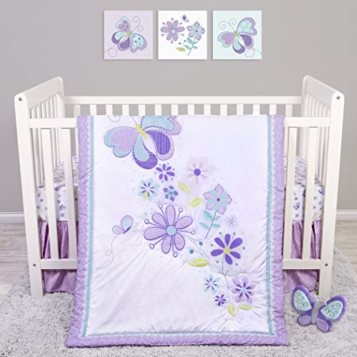 Sammy & Lou Butterfly Meadow 4-Piece Baby Nursery Crib Bedding Set for Girls, Includes Quilt, Fitted Crib Sheet, Crib Skirt, and Plush Toy