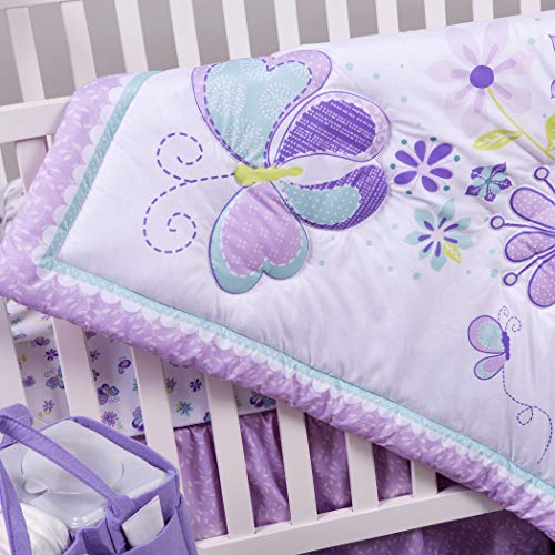 Sammy & Lou Butterfly Meadow 4-Piece Baby Nursery Crib Bedding Set for Girls, Includes Quilt, Fitted Crib Sheet, Crib Skirt, and Plush Toy