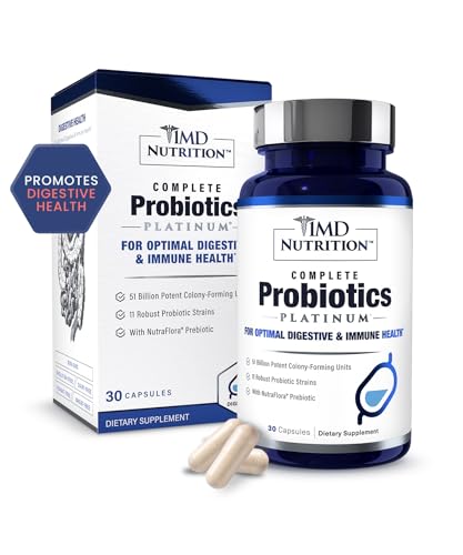 1MD Nutrition Complete Probiotics Platinum - w/Prebiotics and Probiotics for Digestive Health - Probiotic Supplement for Women & Men - More Than 50 Billion Live CFU 11 Strains Dairy-Free - 30 Caps