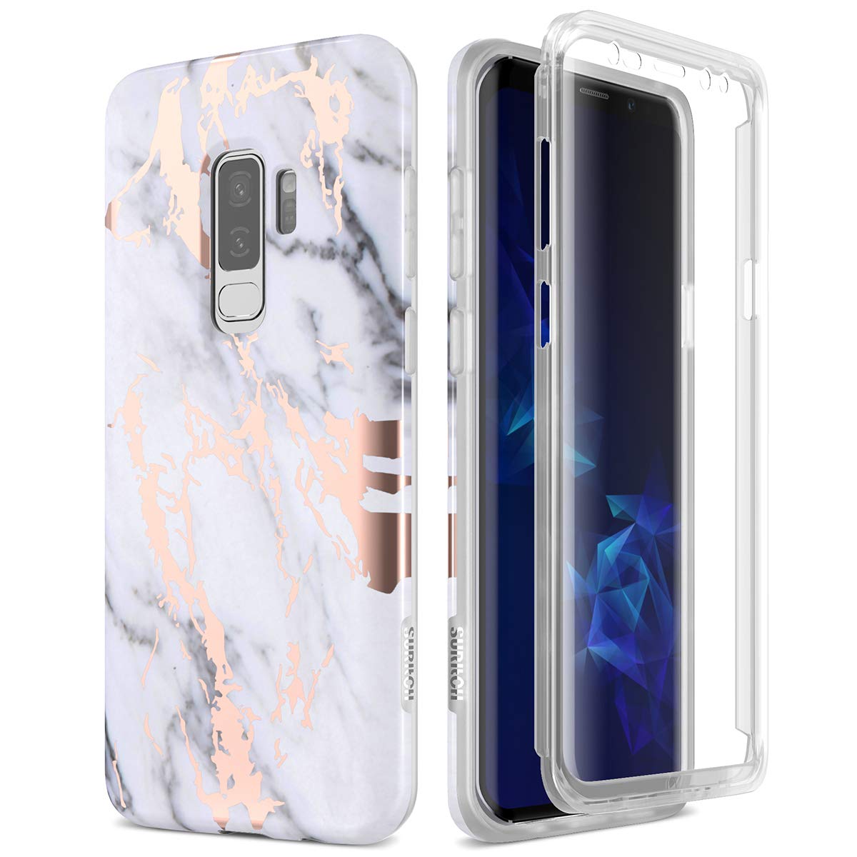 SURITCH for Samsung Galaxy S9 Plus Marble Case, [Built-in Screen Protector] Full-Body Protection Shockproof Rugged Bumper Protective Cover for Galaxy S9 Plus 6.2 Inch (Gold Marble)