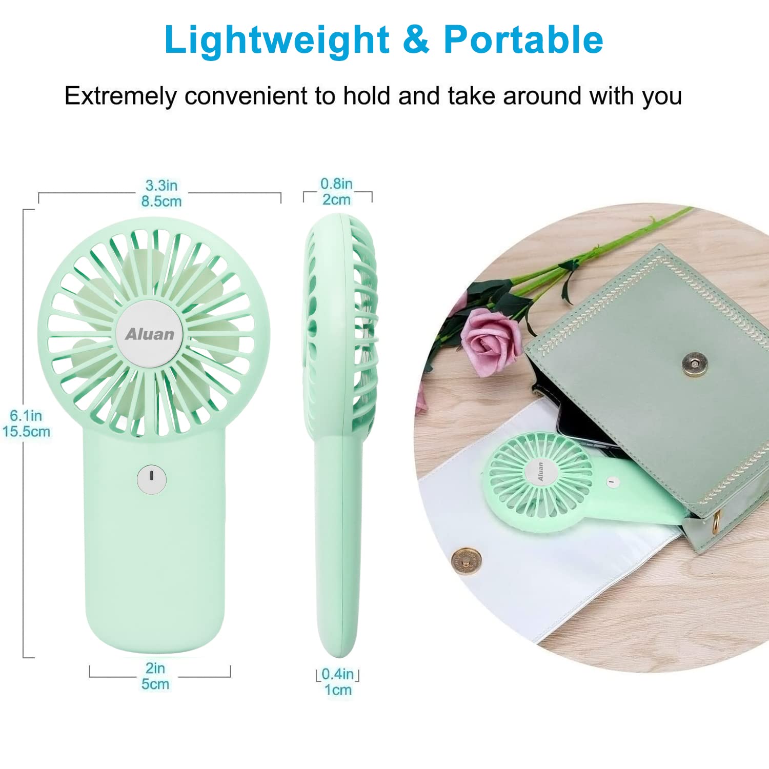 Aluan Handheld Fan Mini Portable Fan Powerful Personal Fans Speed Adjustable Battery Operated USB Rechargeable Eyelash Fan for Kids Women Men Indoor Outdoor Travel Cooling, Green