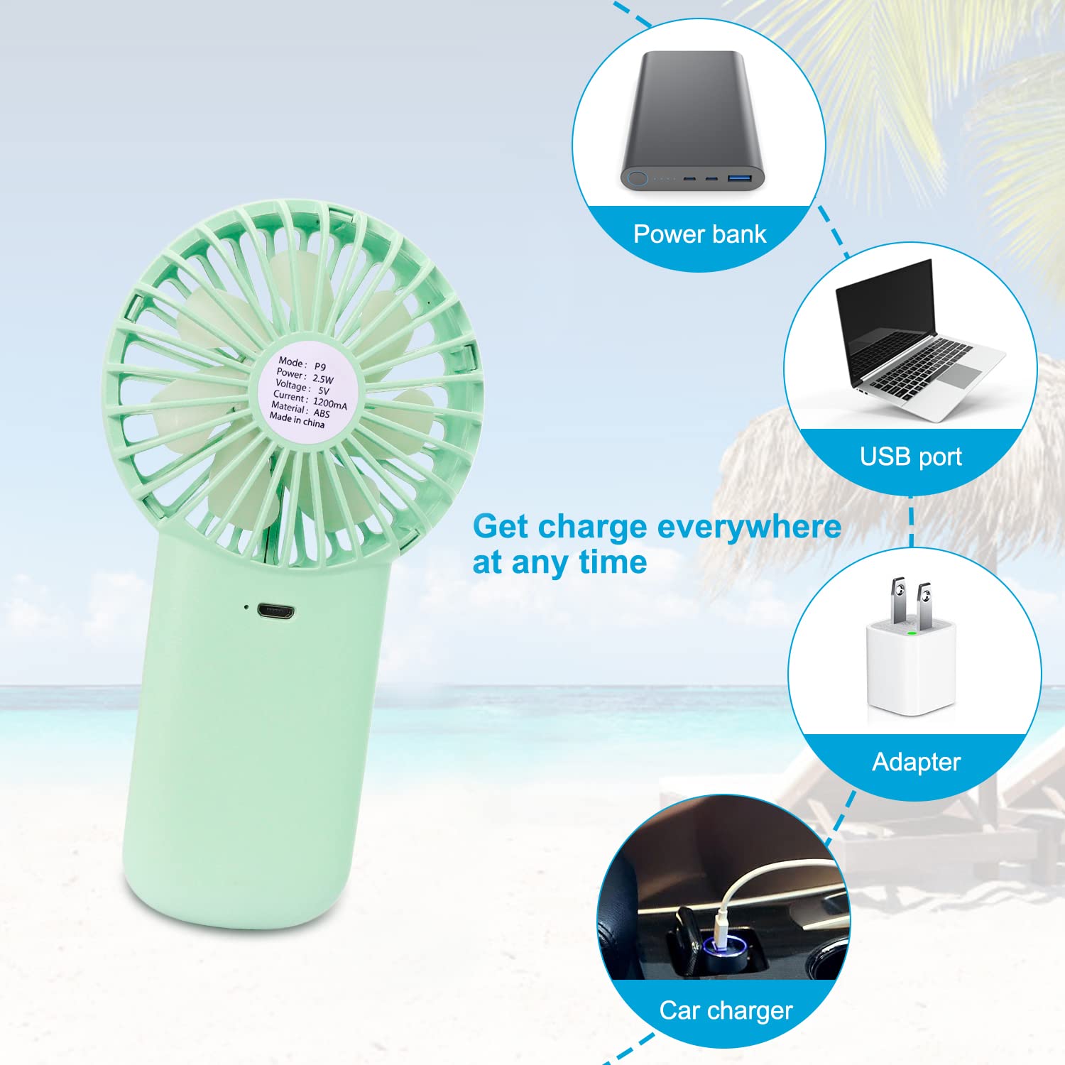 Aluan Handheld Fan Mini Portable Fan Powerful Personal Fans Speed Adjustable Battery Operated USB Rechargeable Eyelash Fan for Kids Women Men Indoor Outdoor Travel Cooling, Green