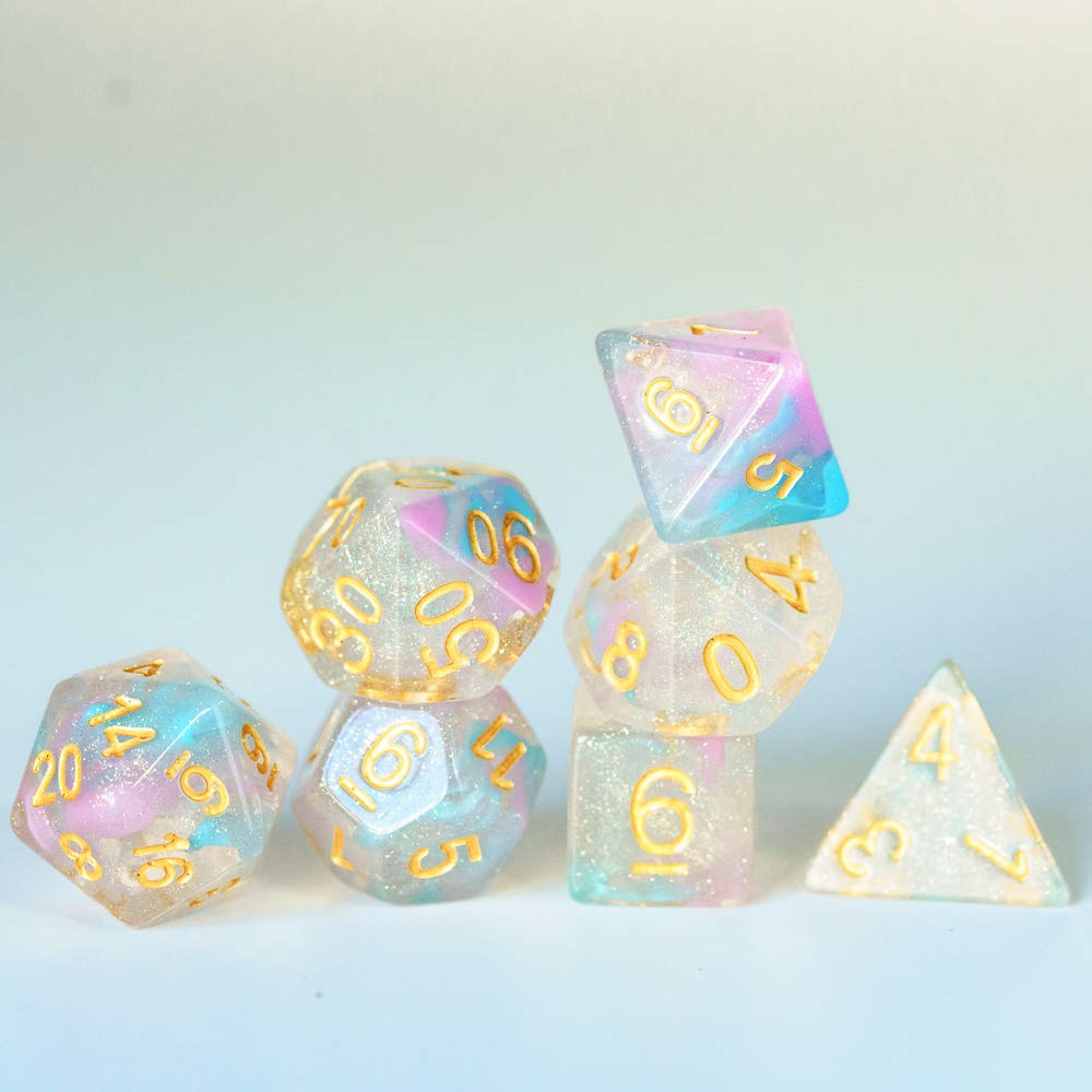 UDIXI Glitter DND Dice Set, 7-die Polyhedral Dice Iridecent Swirls Dice for Role Playing Game Dungeons and Dragons, D&D Dice, (Pink &Cyan)