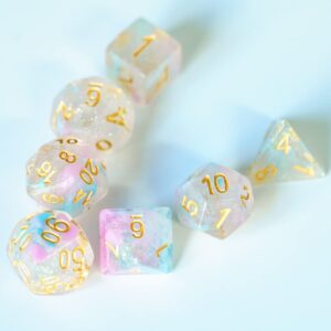 UDIXI Glitter DND Dice Set, 7-die Polyhedral Dice Iridecent Swirls Dice for Role Playing Game Dungeons and Dragons, D&D Dice, (Pink &Cyan)