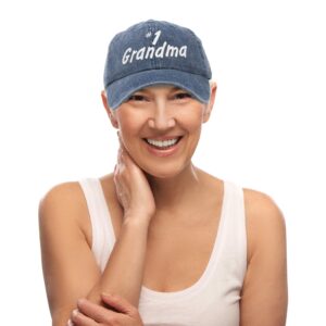 DALIX Number 1 Grandma Hat Gift Washed Cotton Baseball Cap in Washed Denim Navy Blue