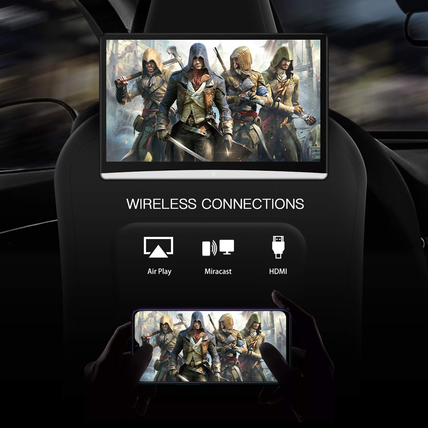 12.4inch Dual Pack Android 10 TV Car Headrest Video Player, 1920X1080 IPS Touch Screen, Support WiFi/Wireless Miracast/Bluetooth/HDMI Input/FM/USB/Micro SD Card