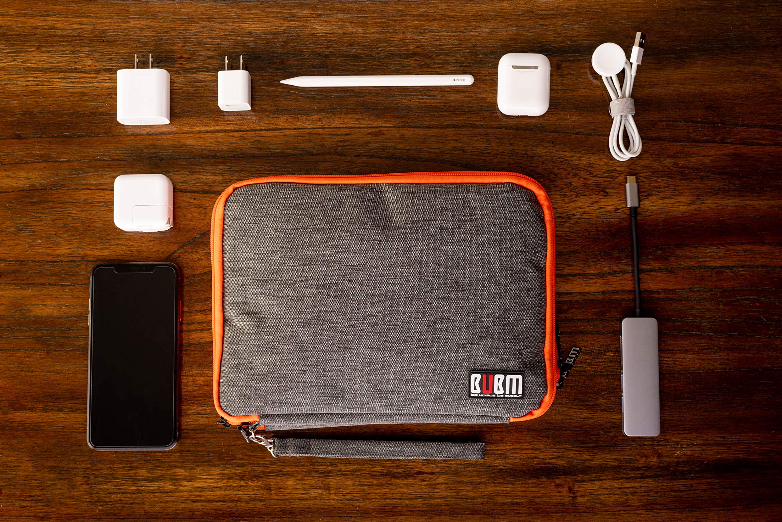 Three Layer Electronics Organizer and Travel Organizer for Tablet, Cables, and Chargers. Size XL Fit up to 10" Tablets. (Grey and Bright Orange)