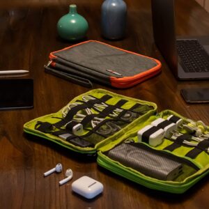 Three Layer Electronics Organizer and Travel Organizer for Tablet, Cables, and Chargers. Size XL Fit up to 10" Tablets. (Grey and Bright Orange)