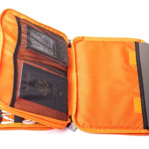 Three Layer Electronics Organizer and Travel Organizer for Tablet, Cables, and Chargers. Size XL Fit up to 10" Tablets. (Grey and Bright Orange)
