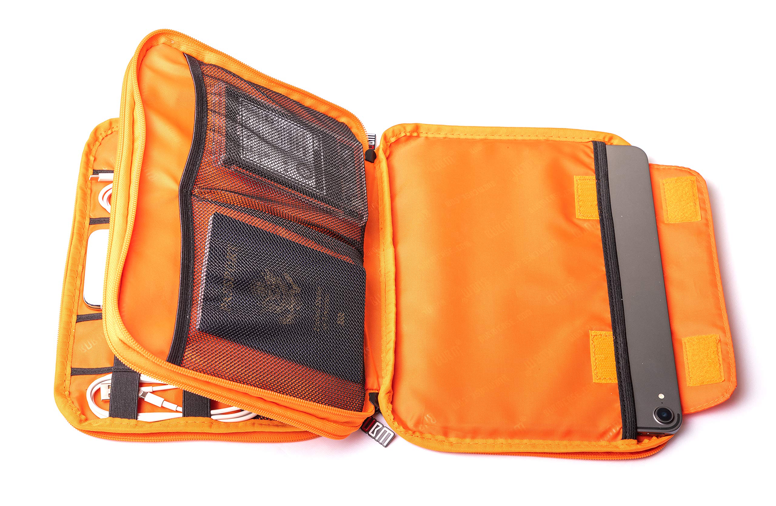 Three Layer Electronics Organizer and Travel Organizer for Tablet, Cables, and Chargers. Size XL Fit up to 10" Tablets. (Grey and Bright Orange)