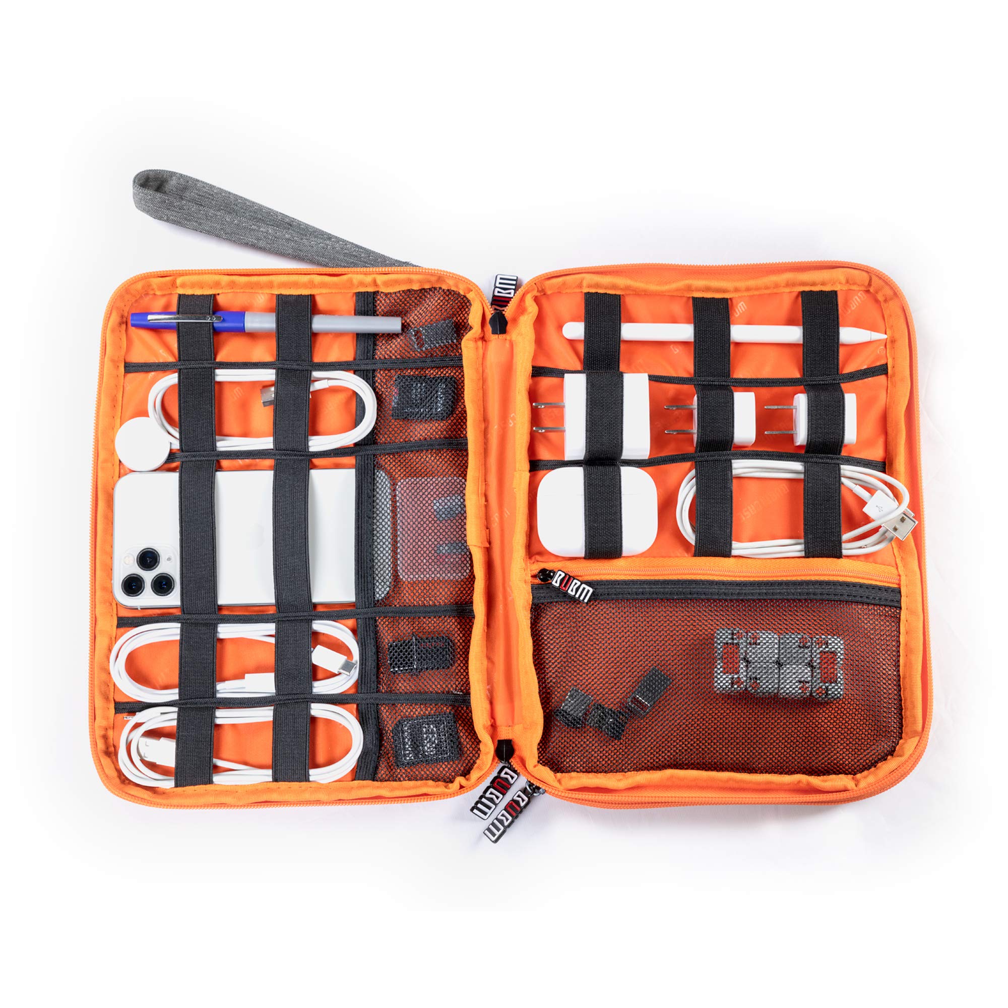 Three Layer Electronics Organizer and Travel Organizer for Tablet, Cables, and Chargers. Size XL Fit up to 10" Tablets. (Grey and Bright Orange)