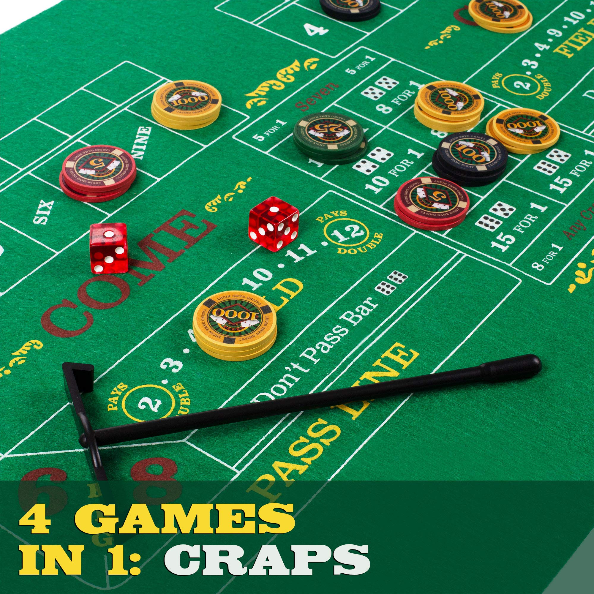 Brybelly Casino Night 4-in-1 Complete Game Set with Felts, Wheel, 100 Chips, Dice & Cards for Blackjack, Craps, Roulette & Texas Hold'em - Green Felt Double Sided Casino Tabletop Gaming Mat